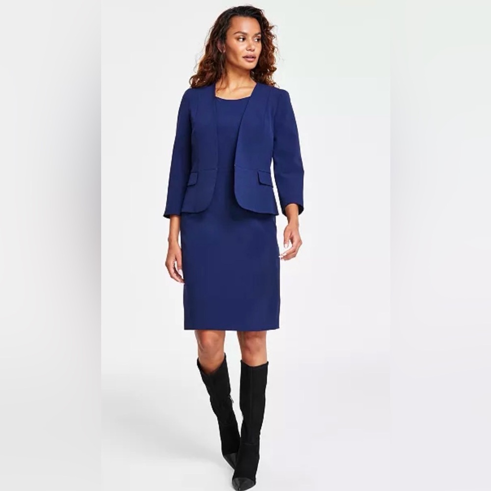 Le Suit Collarless Bright Navy Blazer and Dress Set (6)